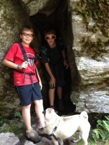 Aiden and Greg entering the cave on the Long Trail south of the App Gap.