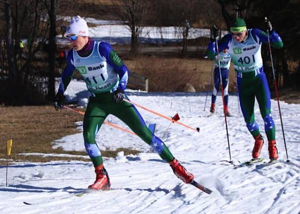 Here's Greg LEADING the final leg of the relay ahead of Forrest and Wlll Rhatigan. Greg skied great until a crash and broken pole in the last kilometer knocked him into 4th. If that's not motivation going into the summer I don't know what is!