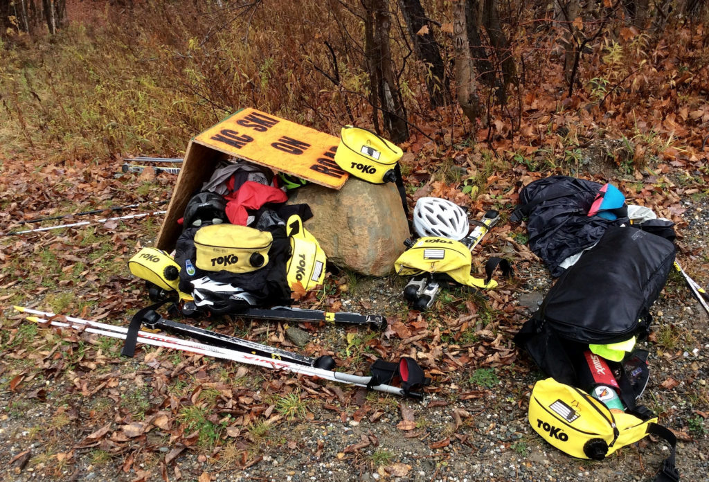 Ski gear waiting for the conclusion of bounding intervals. Notice all the great Toko belts for our water and snacks!