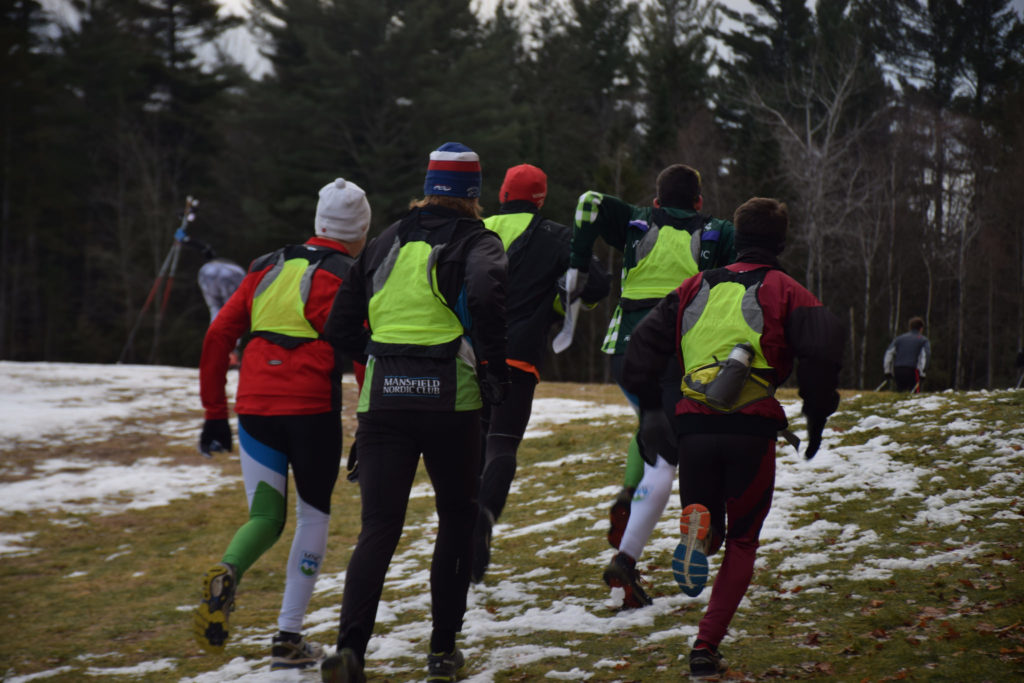 Teams head off on the run (with vests to stay safe during hunting season, of course)